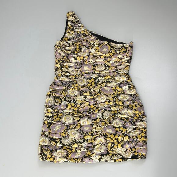 Zara One Shoulder Ruched Bodycon Mini Dress Dark Yellow Floral - Picture 5 of 8